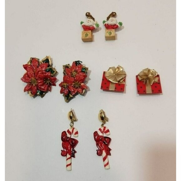 Vtg Christmas Clip On Earrings - Poinsettias, Santa Jack in the Box, Candy Canes - Picture 2 of 7